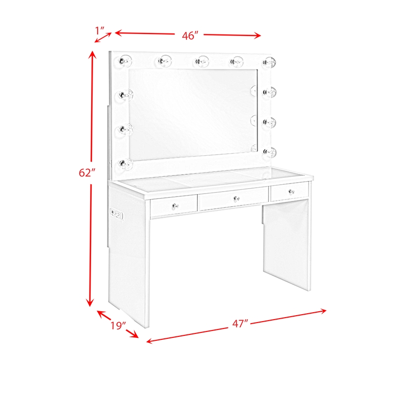 Pemberly Row Modern Glass Top 2PC Vanity Set with 4mm Mirror in White