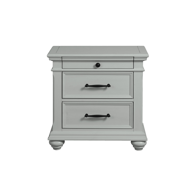 Pemberly Row Transitional 3-Drawer Nightstand with USB Ports in Gray
