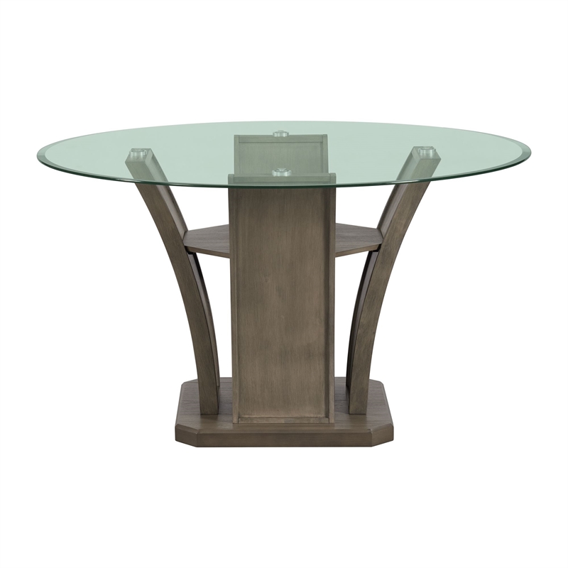 Pemberly Row Transitional Round Glass Table Top Dining Table in Gray