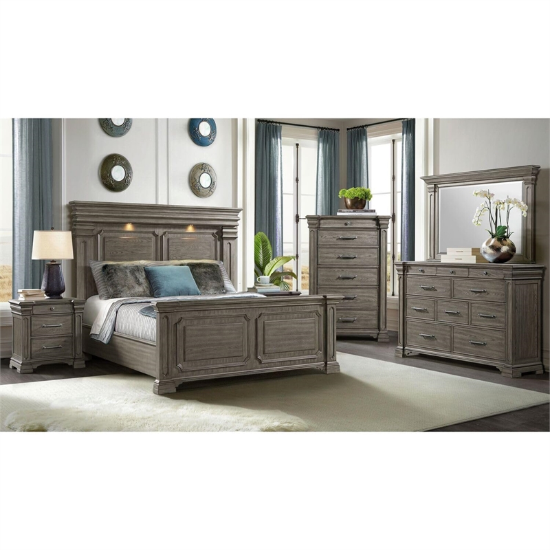 Pemberly Row Transitional Wood Elegant Molding King Bed in Gray