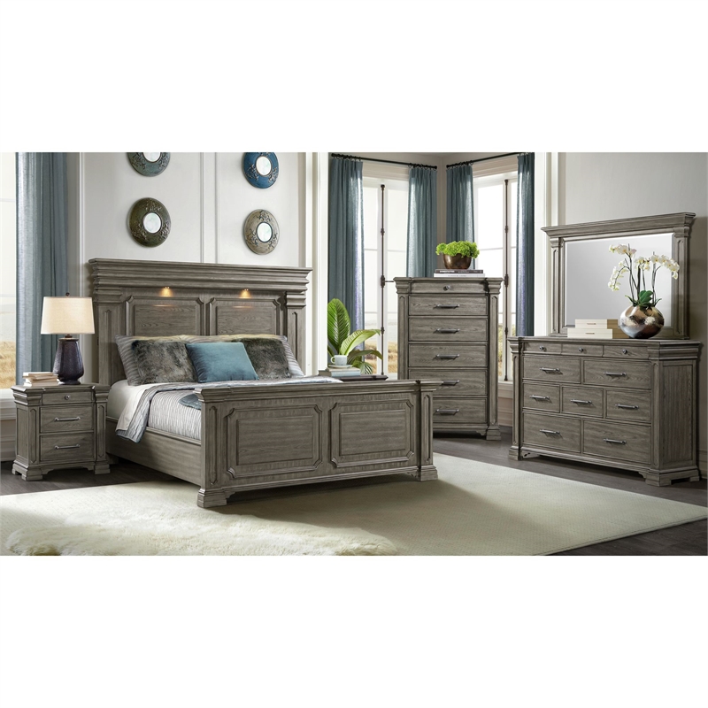 Pemberly Row Transitional Wood King 3PC Bedroom Set in Gray Finish