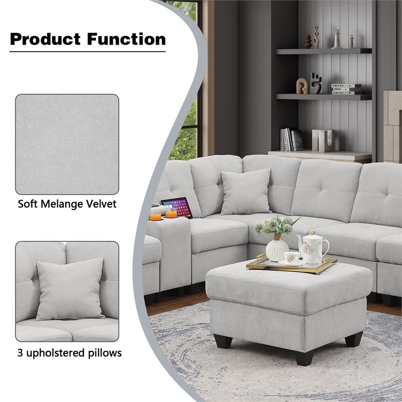 Pemberly Row Modern Convertible Velvet Sectional Sofa with Ottoman&Console Gray