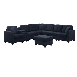Pemberly Row Modern Convertible Velvet Sectional Sofa with Ottoman&Console Blue