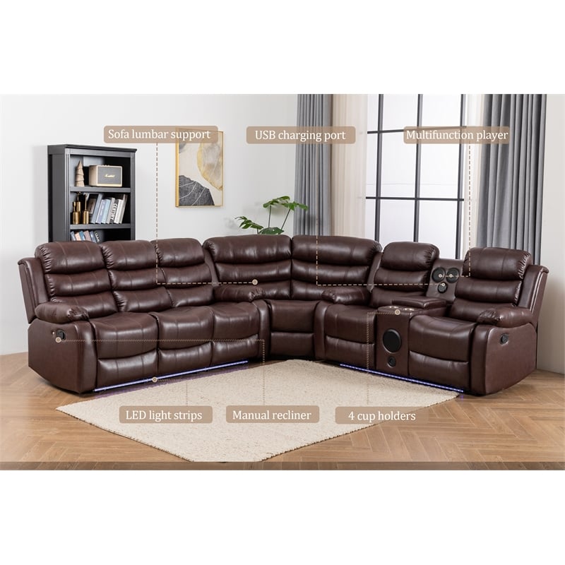 Pemberly Row Faux Leather Living Room Set Modern Reclining Sectional Sofa Brown