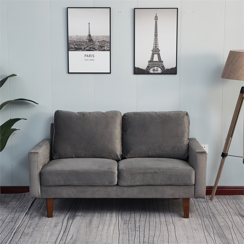 Pemberly Row Velvet Loveseat Modern Sofa with Wooden Legs-Grey