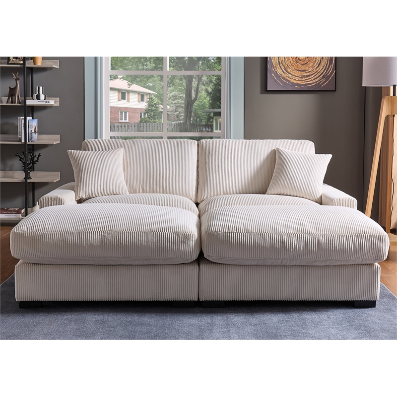Pemberly Row Oversized Loveseat Sectional Sofa 2 Movable Ottomans Pillows Beige