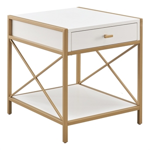 Pemberly Row Modern Metal and Wood Drawer End Table in White/Gold