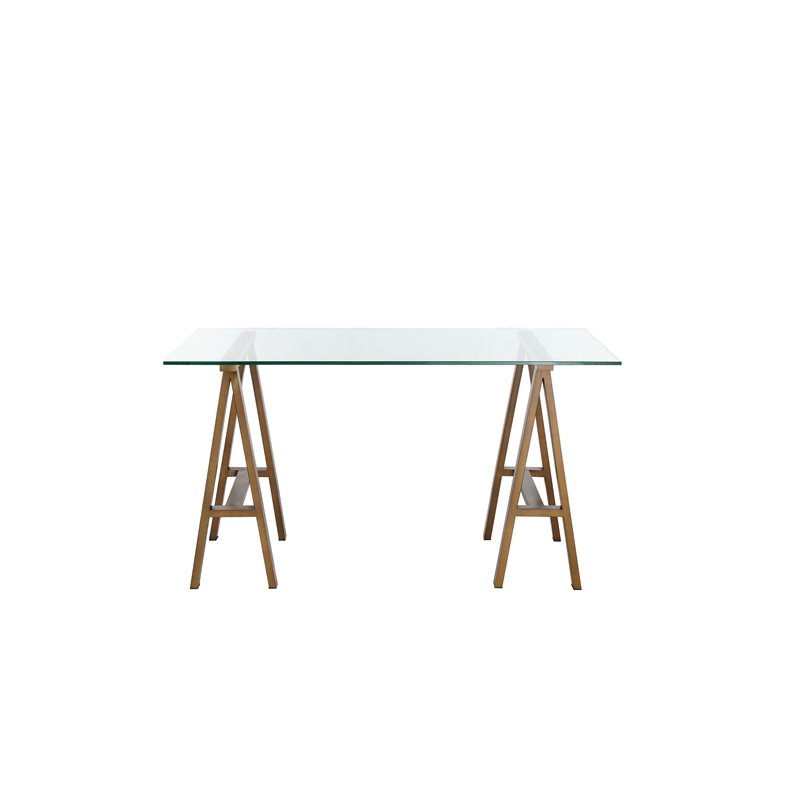 Pemberly Row Contemporary Small Metal Desk with Glass in Brushed Brass