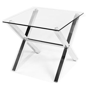 Pemberly Row Modern Tempered Glass & Polished Steel Side Table in Clear