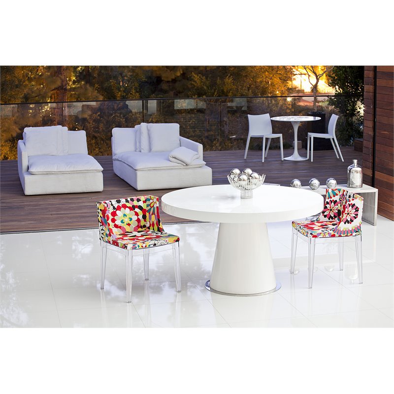 Pemberly Row Gloss Lacquer & Polished Steel Metal Dining Table in White