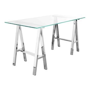 Pemberly Row 55&quot High Polished Steel Metal and Tempered Glass Desk in Clear