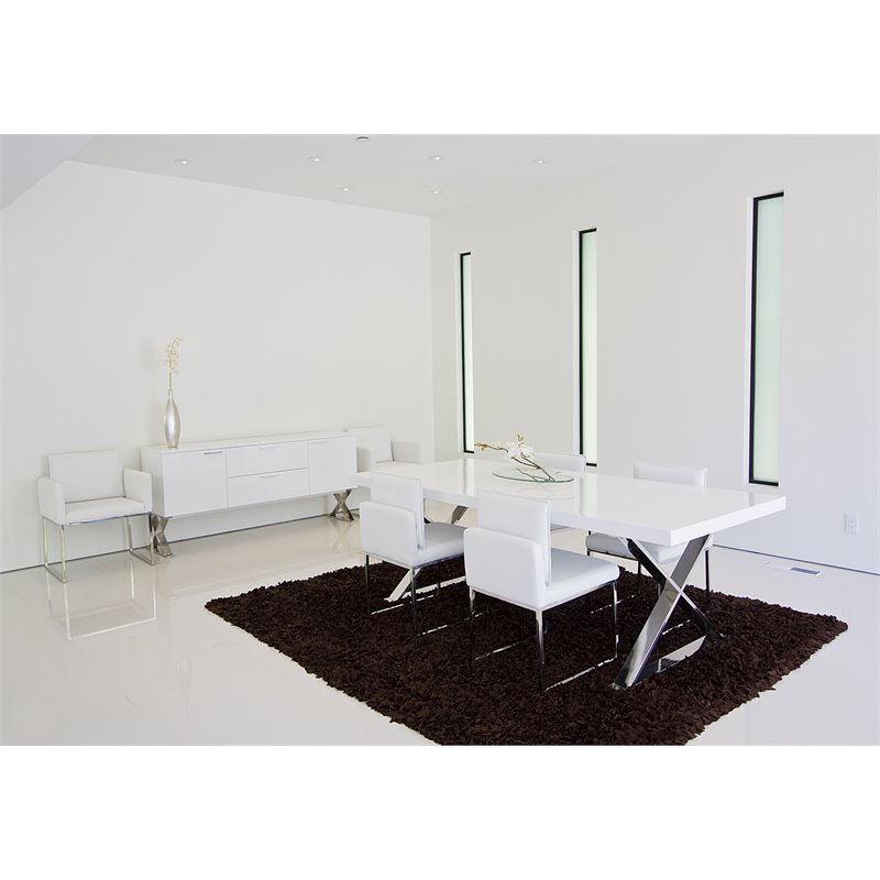 Pemberly Row Gloss Lacquer & Polished Steel Metal Dining Table in White