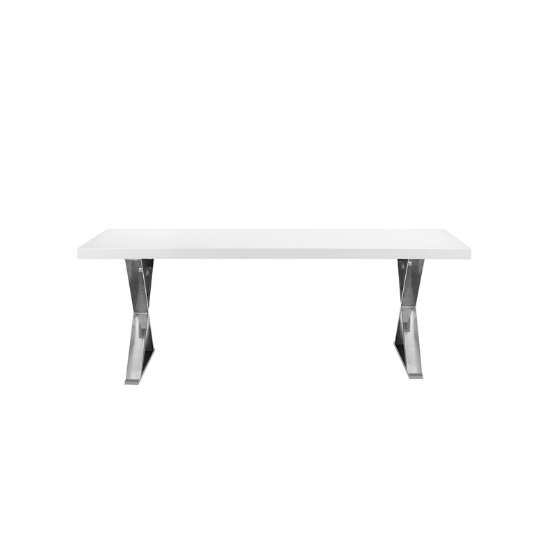 Pemberly Row Gloss Lacquer & Polished Steel Metal Dining Table in White