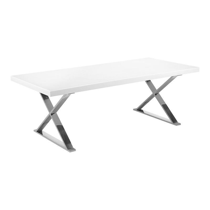 Pemberly Row Gloss Lacquer & Polished Steel Metal Dining Table in White