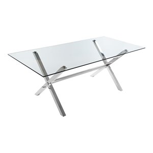Pemberly Row Modern Glass & High Polished Steel Dining Table in Clear
