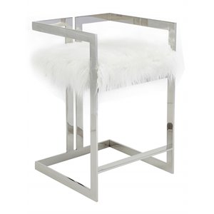 Pemberly Row 23.6&quot Stainless Steel & Faux Fur Counter Stool in White