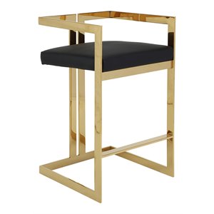 Pemberly Row 27.5&quot Stainless Steel & Faux Leather Bar Stool in Black/Gold