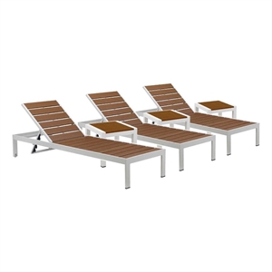 Pemberly Row 6-Piece Aluminum Lounger and Side Table in Teak/White