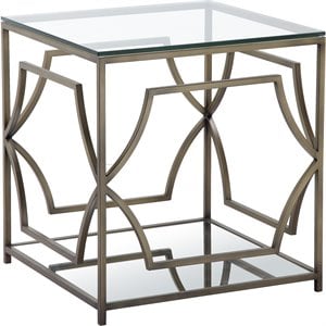 Pemberly Row Contemporary Metal Side Table with Glass in Brushed Brass