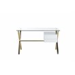 Pemberly Row Small Glass & Polished Steel Desk in Gold/White and Clear