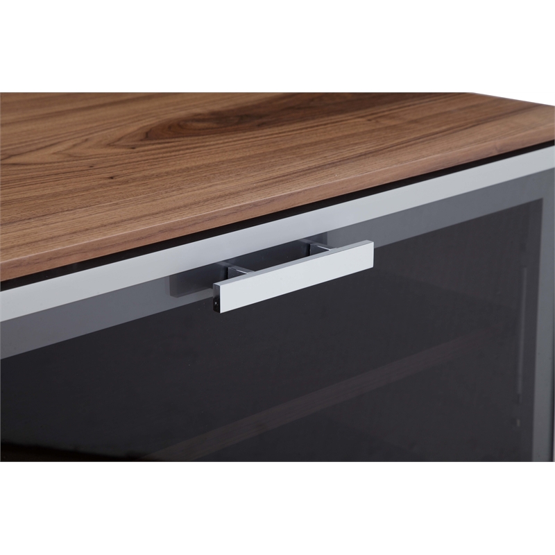 Pemberly Row Small Wood Veneer/Glass & Polished Steel Media Unit in Walnut