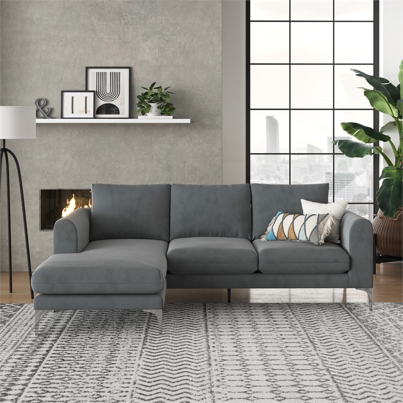 Pemberly Row Contemporary Velvet Reversible Sectional in Gray