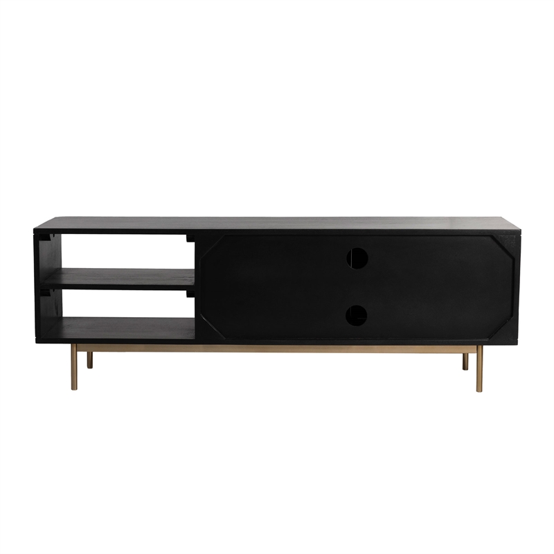Pemberly Row Solid Wood with Natural Woven Cane TV Stand in Black