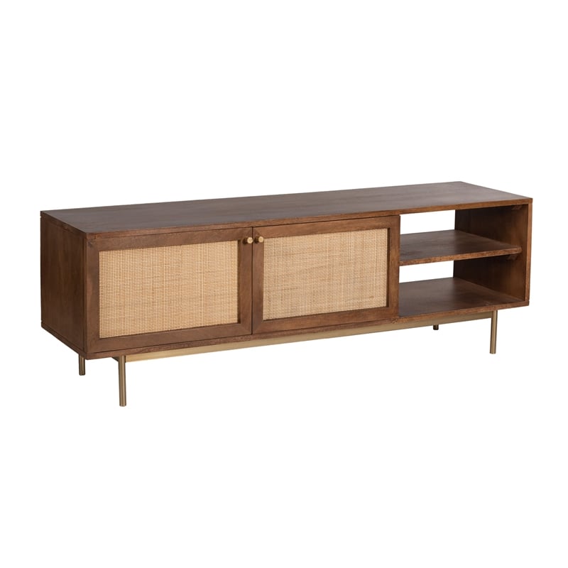 Pemberly Row Solid Wood with Natural Woven Cane TV Stand in Walnut