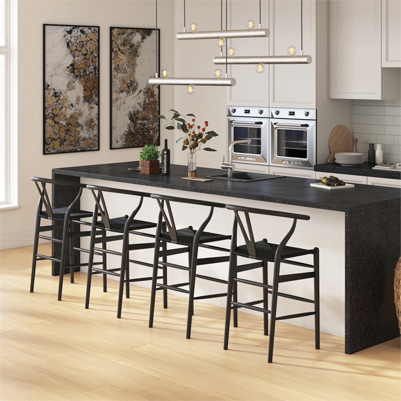 Pemberly Row Contemporary Rattan Counter Height Stool in Black
