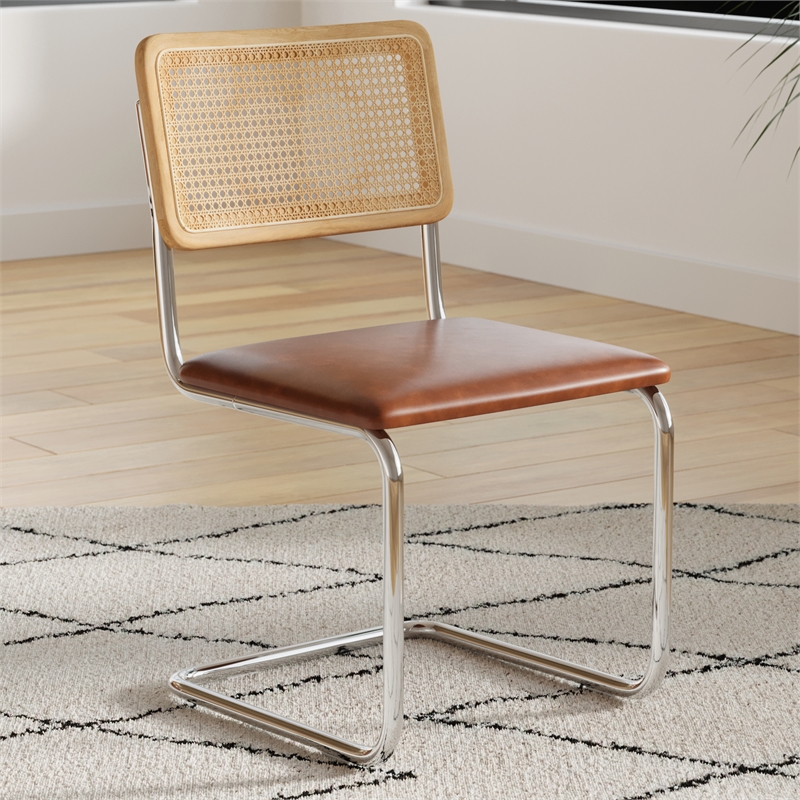 Pemberly Row Cane Back Vegan Leather Side Chair (Set Of 2) in Brown