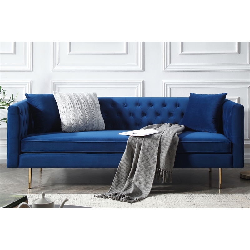 Pemberly Row Velvet Mid-Century Contemporary Velvet Sofa in Blue