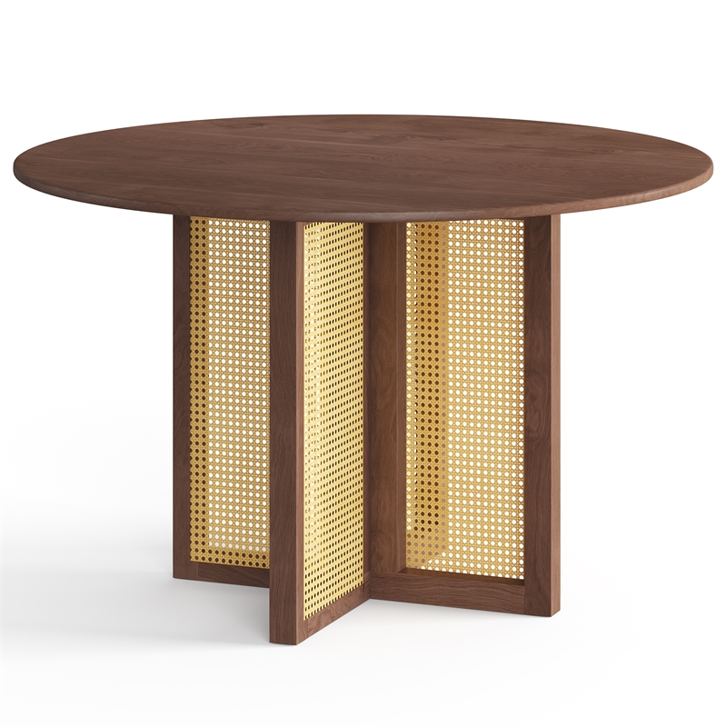 Pemberly Row Modern Round Dining Table with Cane Base in Walnut