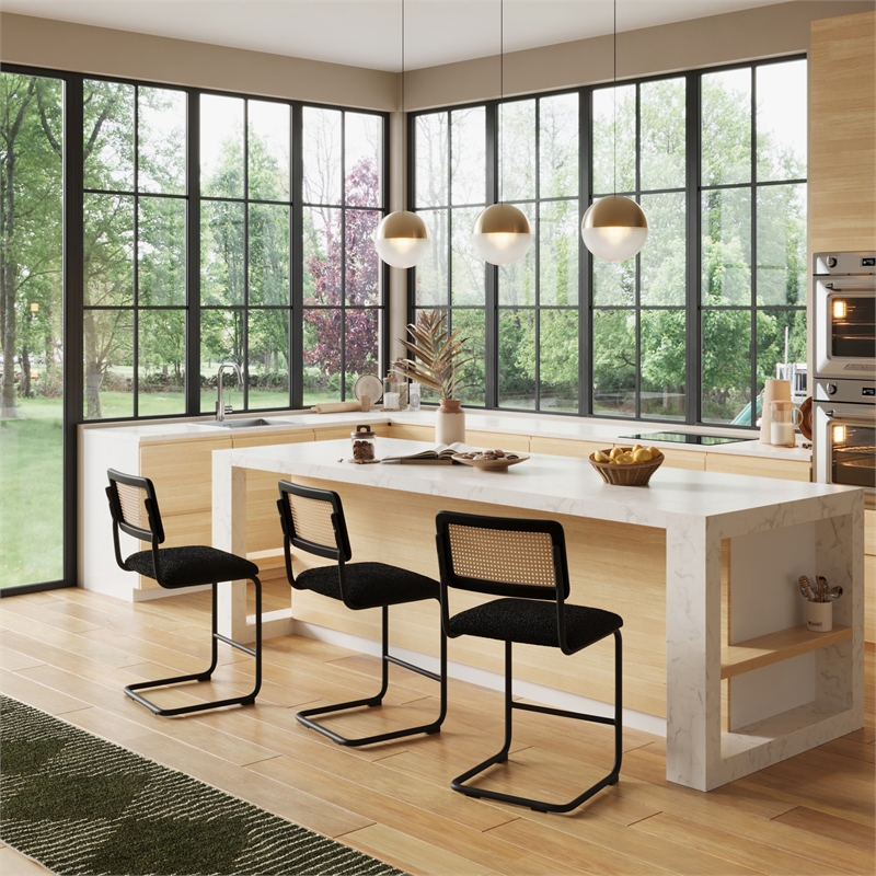 Pemberly Row Cane Back Boucle Counter Height Stool (Set Of 2) in Black