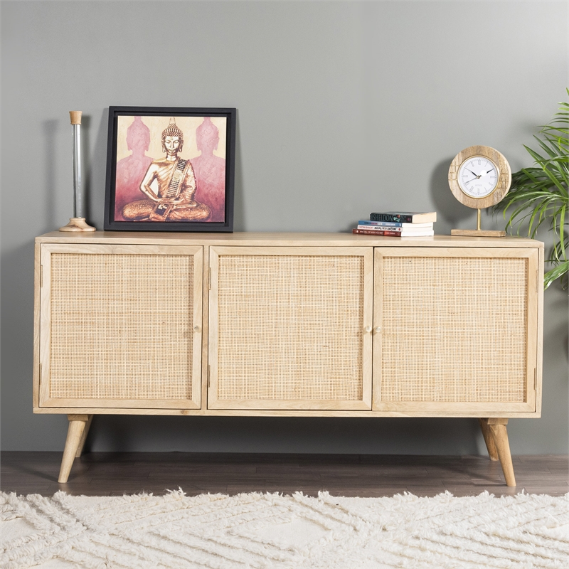 Pemberly Row Three-Door Solid Wood with Natural Cane Sideboard in Natural