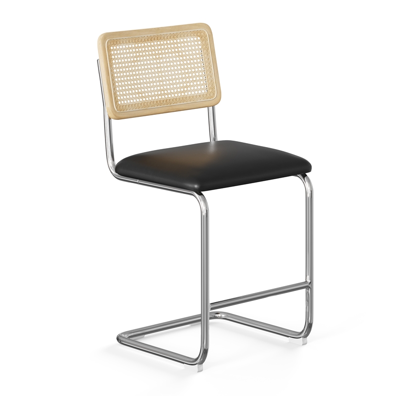 Pemberly Row Cane Back Vegan Leather Counter Height Stool (Set of 2) in Black
