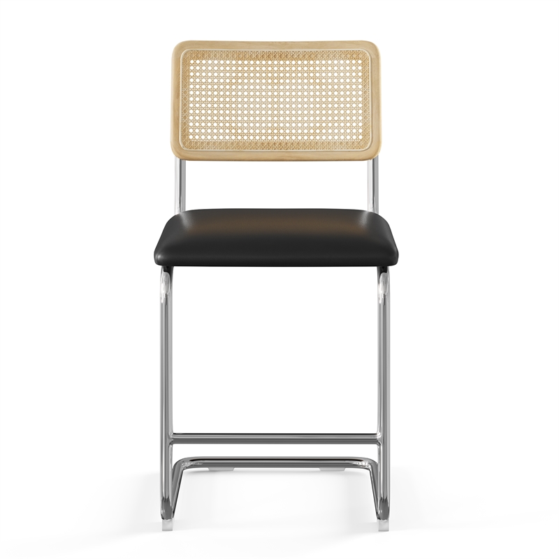 Pemberly Row Cane Back Vegan Leather Counter Height Stool (Set of 2) in Black