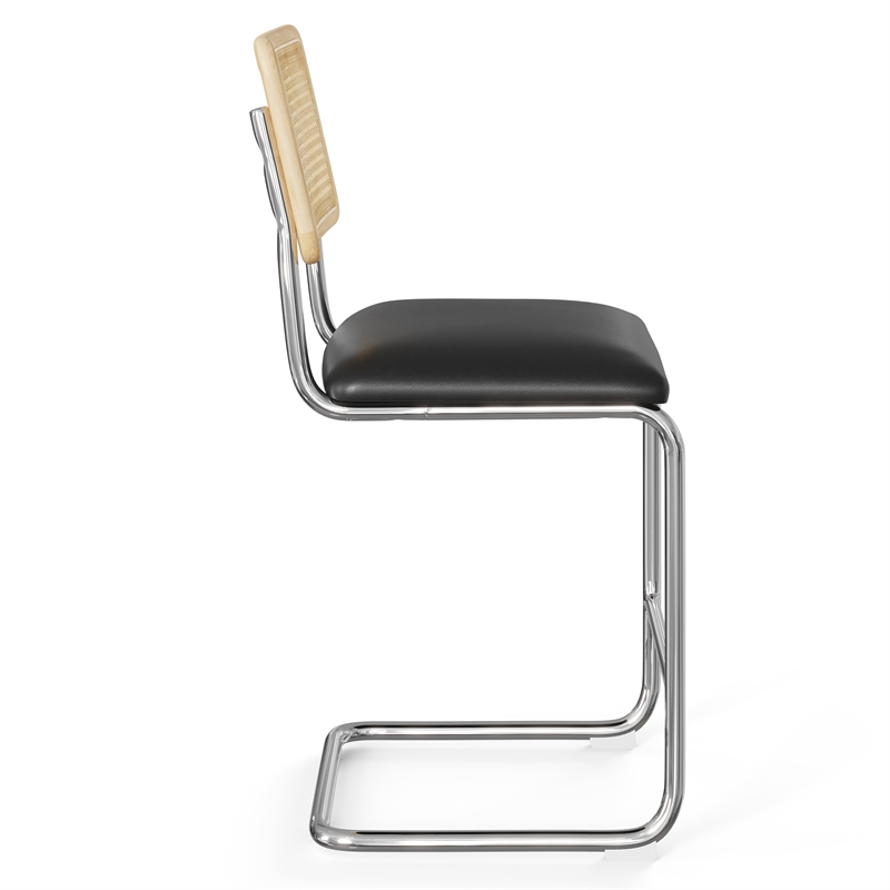 Pemberly Row Cane Back Vegan Leather Counter Height Stool (Set of 2) in Black