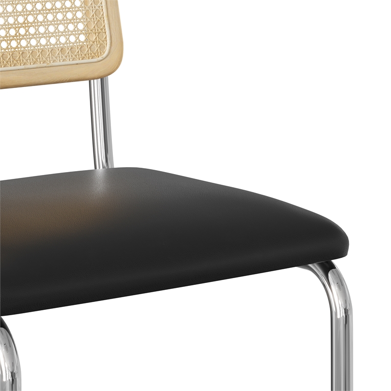 Pemberly Row Cane Back Vegan Leather Counter Height Stool (Set of 2) in Black