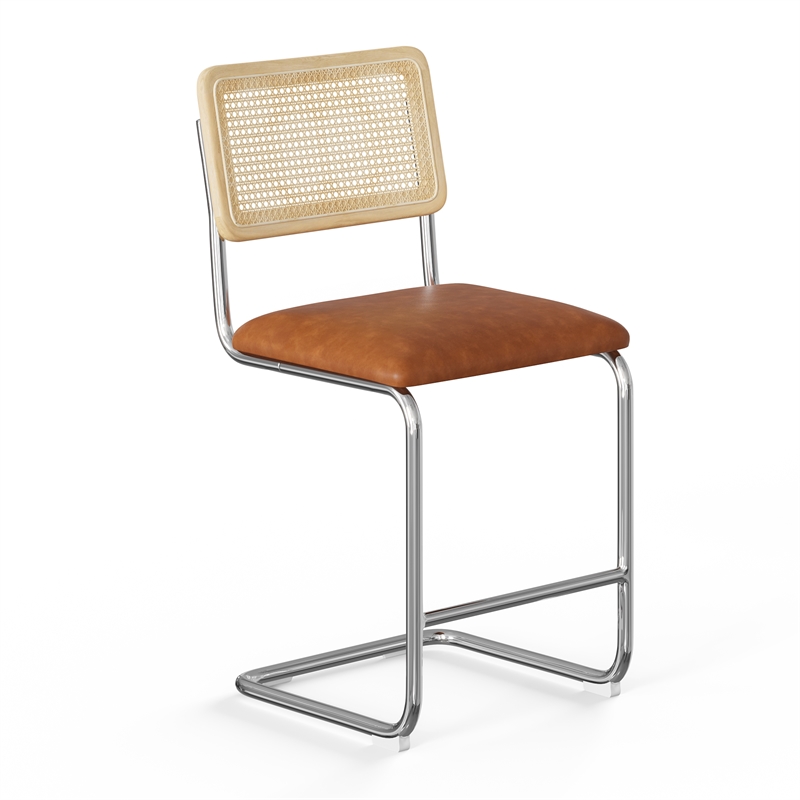 Pemberly Row Cane Back Vegan Leather Counter Height Stool (Set of 2) in Brown