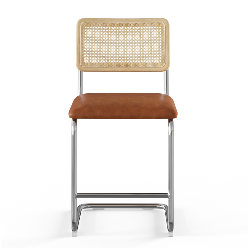 Pemberly Row Cane Back Vegan Leather Counter Height Stool (Set of 2) in Brown