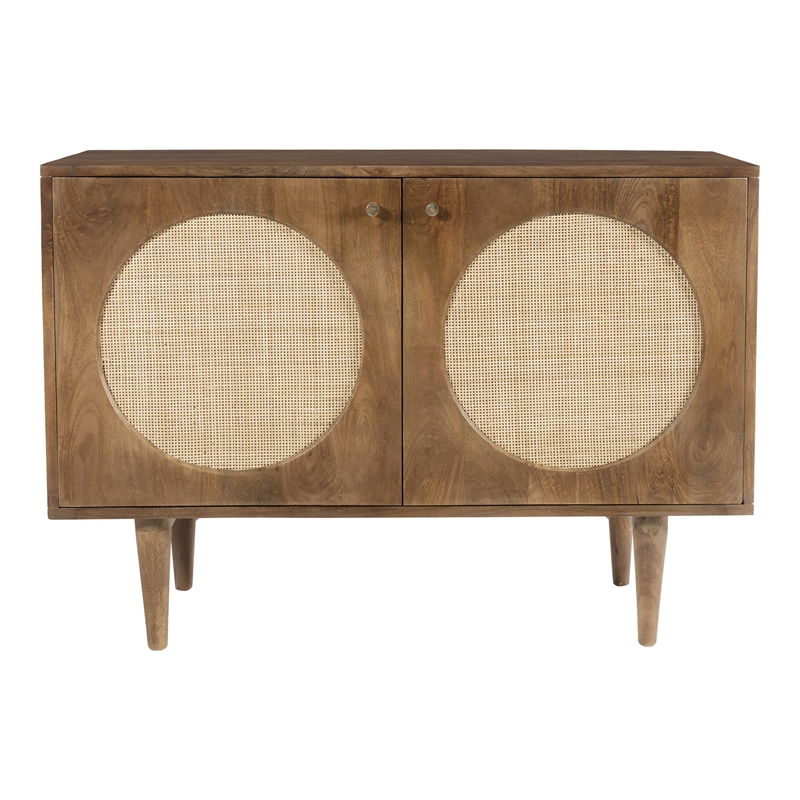 Pemberly Row Circle Solid Wood with Natural Woven Cane 2-Door Cabinet in Walnut