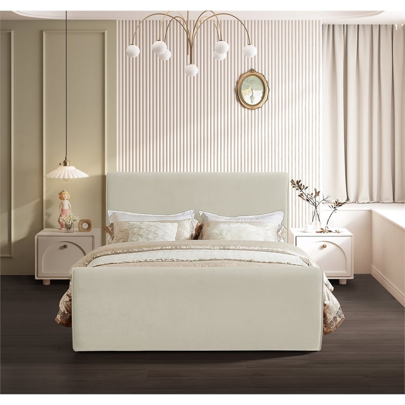 Pemberly Row Curved Headboard and Footboard King Bed in Rich Soft Cream Velvet