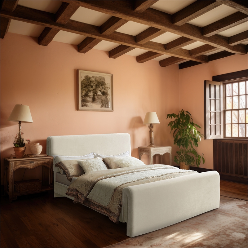 Pemberly Row Curved Headboard and Footboard King Bed in Rich Soft Cream Velvet