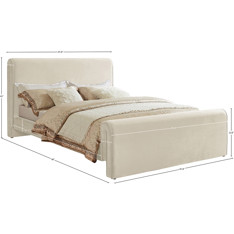 Pemberly Row Curved Headboard and Footboard King Bed in Rich Soft Cream Velvet