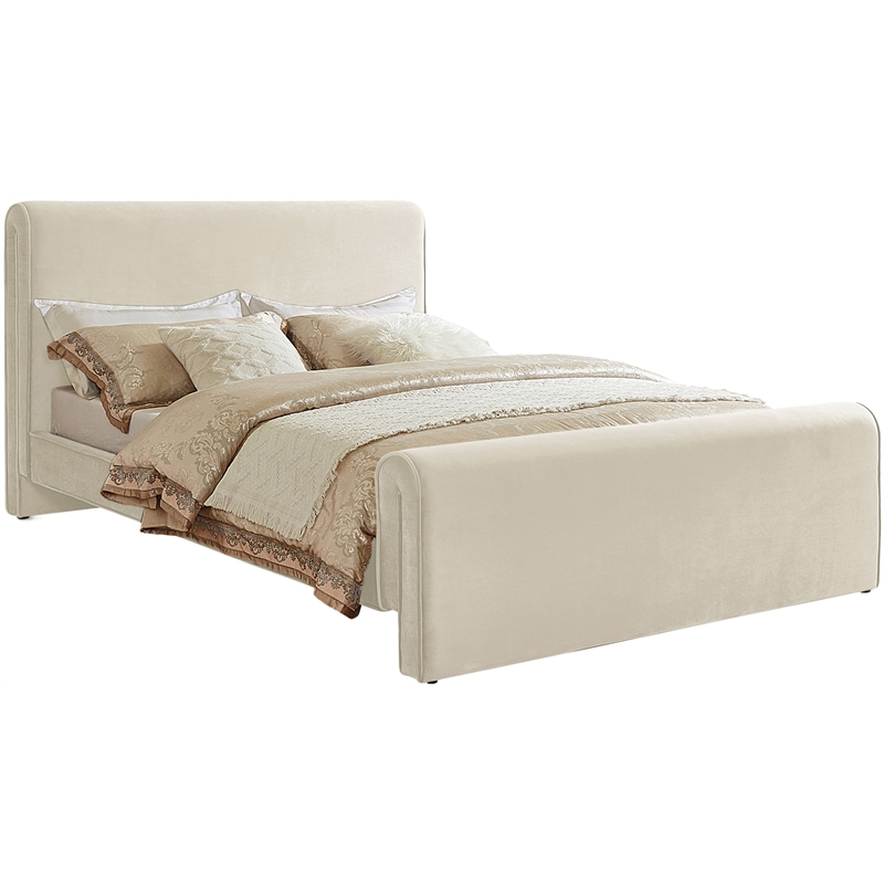 Pemberly Row Curved Headboard and Footboard King Bed in Rich Soft Cream Velvet