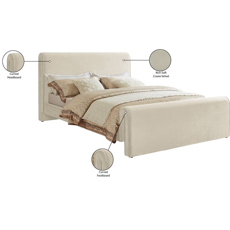 Pemberly Row Curved Headboard and Footboard King Bed in Rich Soft Cream Velvet