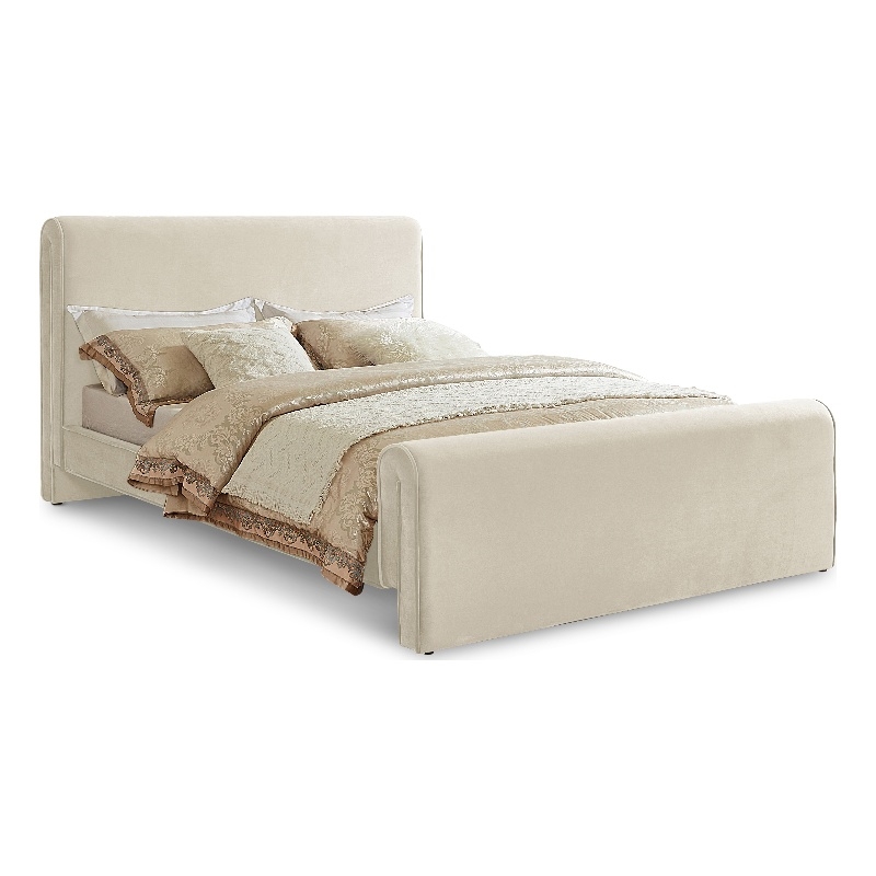 Pemberly Row Curved Headboard and Footboard King Bed in Rich Soft Cream Velvet