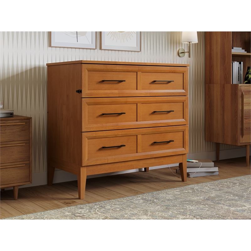 Pemberly Row Twin Murphy Bed Chest w/ Mattress & Built-in Charger - Light Toffee