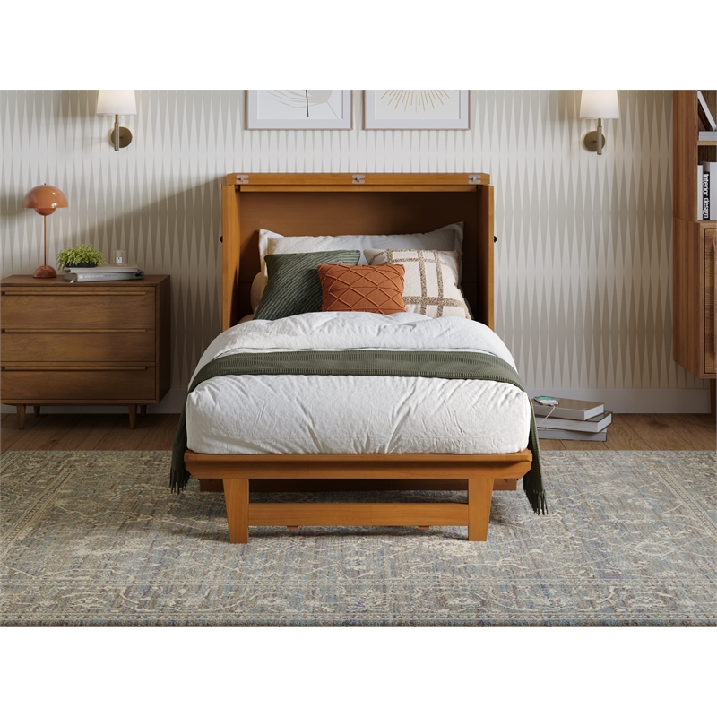 Pemberly Row Twin Murphy Bed Chest w/ Mattress & Built-in Charger - Light Toffee