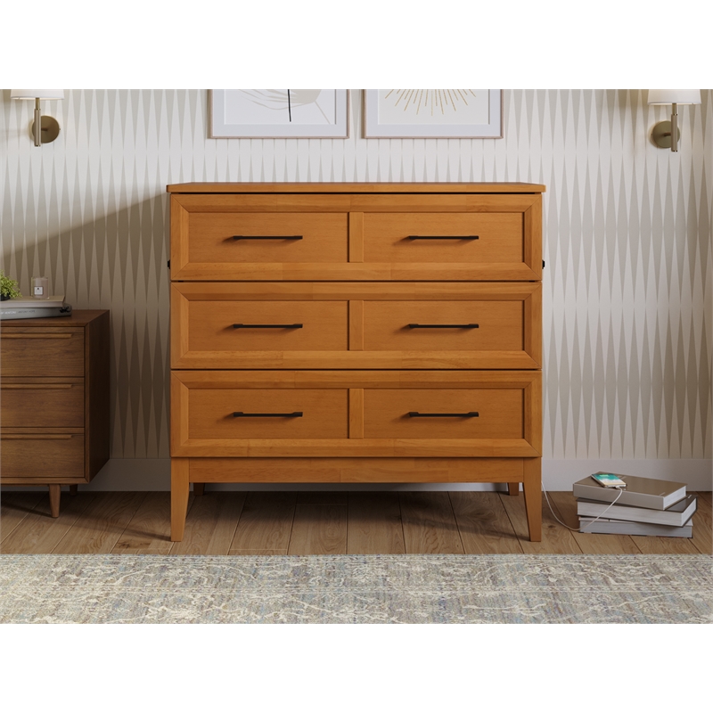 Pemberly Row Twin Murphy Bed Chest w/ Mattress & Built-in Charger - Light Toffee